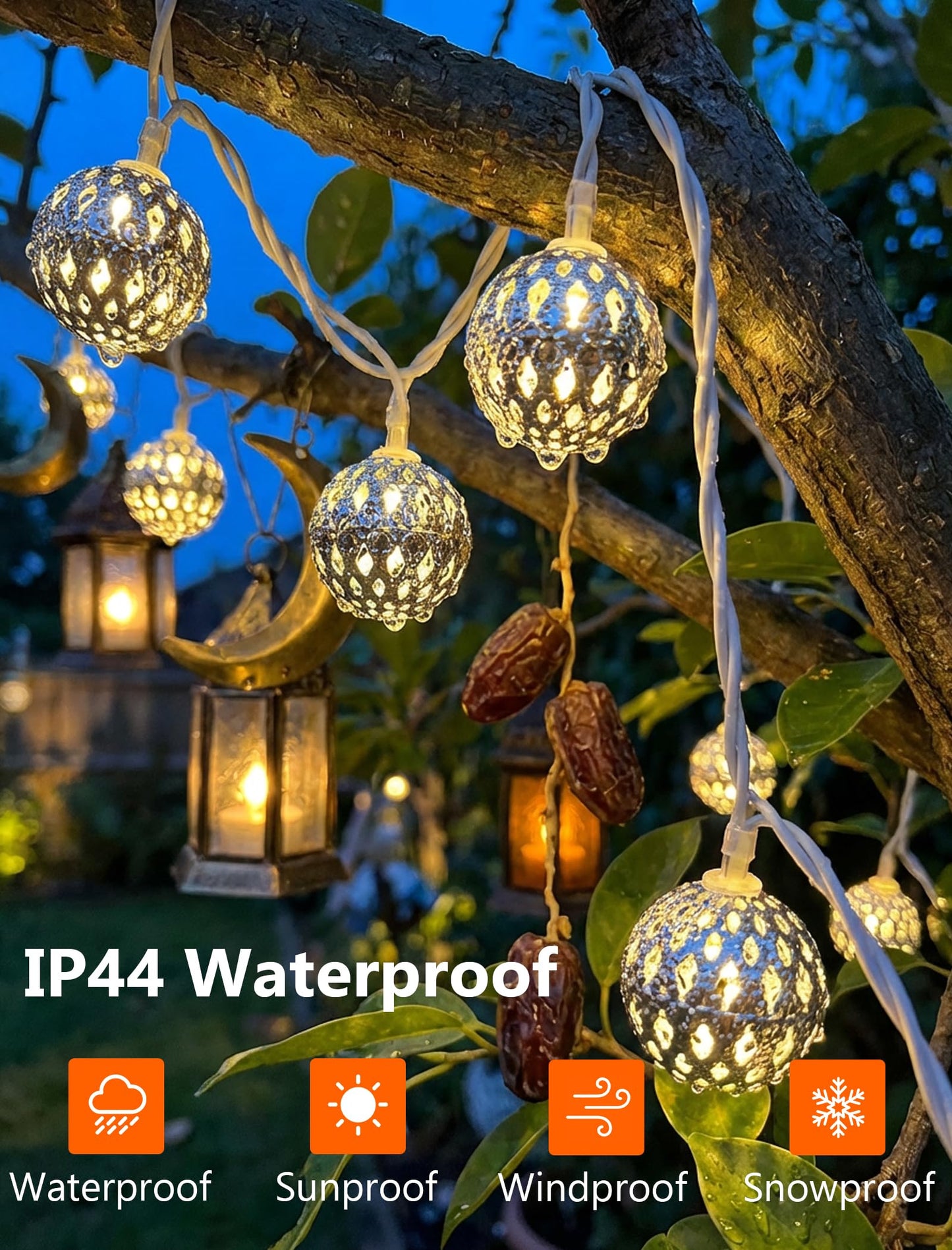 8.5Ft LED Moroccan Style String Lights Plug in, Outdoor Ramadan Decorations String Lights with 10 Silver Metal Ball Lights, Hanging Warm White Globe Fairy Lights for Ramadan Day Wedding Party Home