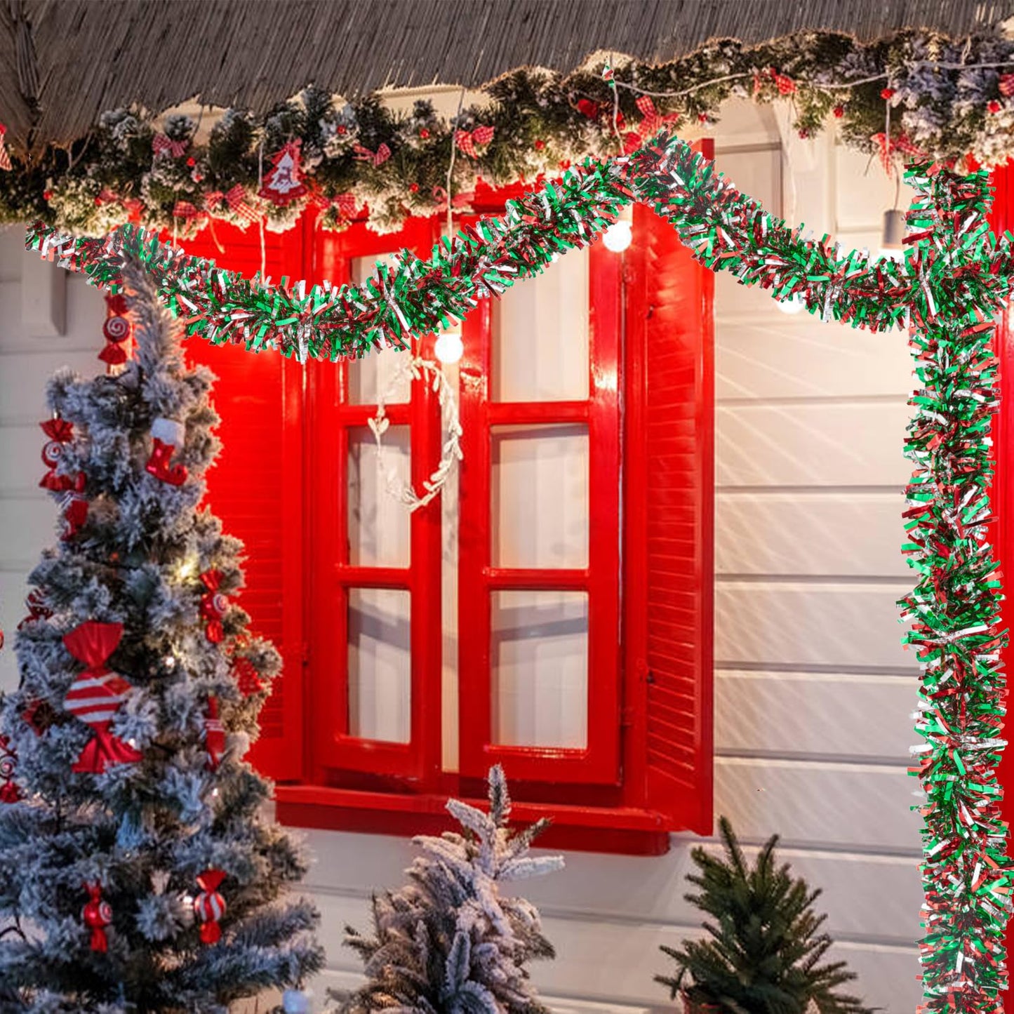50.8 FT Christmas Tinsel Garland, Red Green Silver Metallic Twist Foil Tinsel Garland Glitter Xmas Hanging Decoration for Christmas Tree Wedding Birthday Home Party Decoration (Red Green Silver)