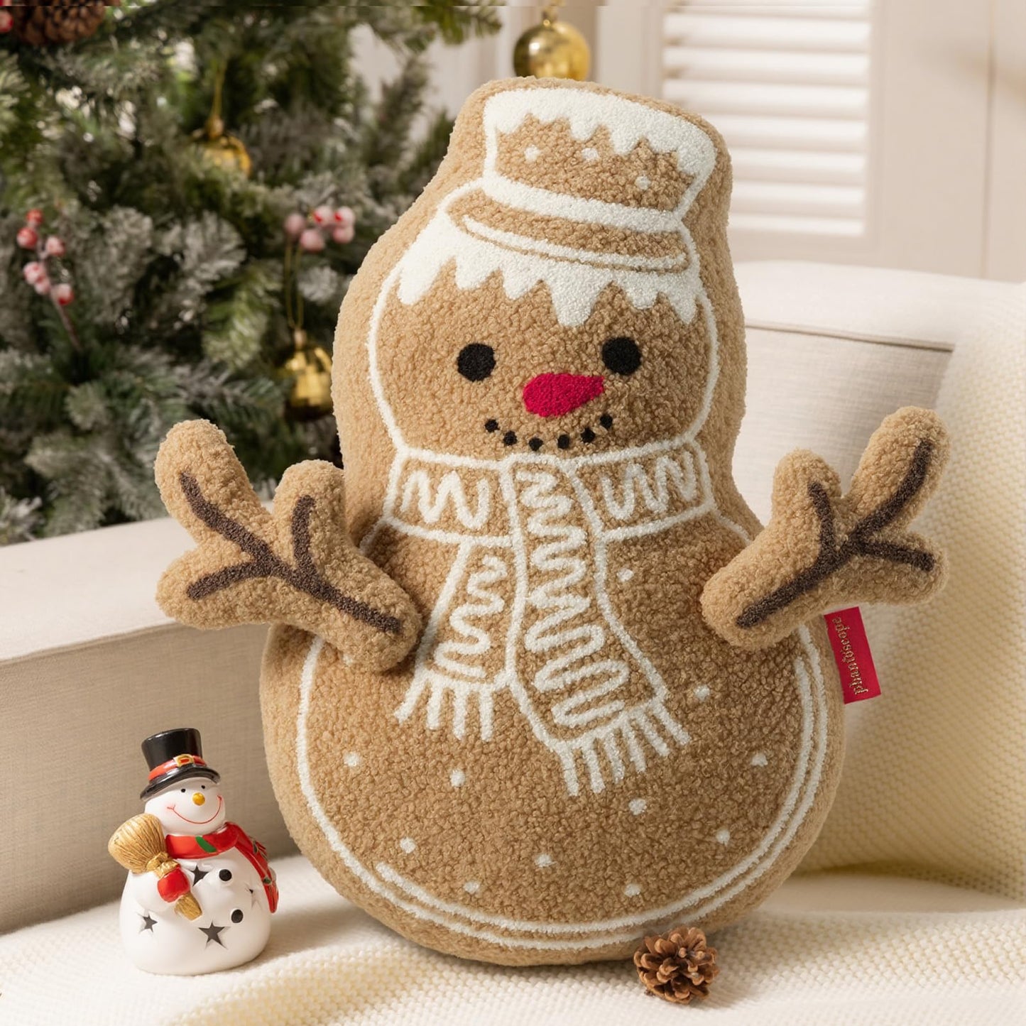 Phantoscope Gingerbread Merry Christmas Throw Pillow, Plush Teddy Xmas Gingerbread Snowman Shaped Pillows with DIY Branch Arms, Christmas Decorative Pillow for Couch, Beige, 19x11.5 inches