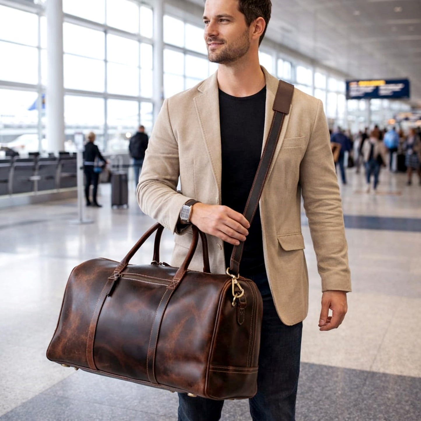 21 Inch Genuine Buffalo Leather Travel Duffle Bag | Overnight Weekend Leather Bag | Sports Gym Duffel for Men| Airplane Under Seat Carry on Bags (brown)