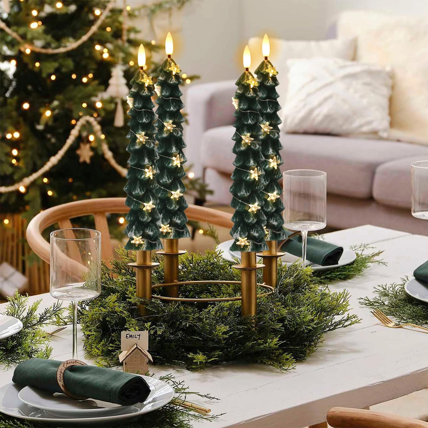 Wondise Christmas Tree Flameless Taper Candles with String Lights, Battery Operated with Remote and Timer, Real Wax LED Taper Candles with 3D Wick for Christmas Decoration