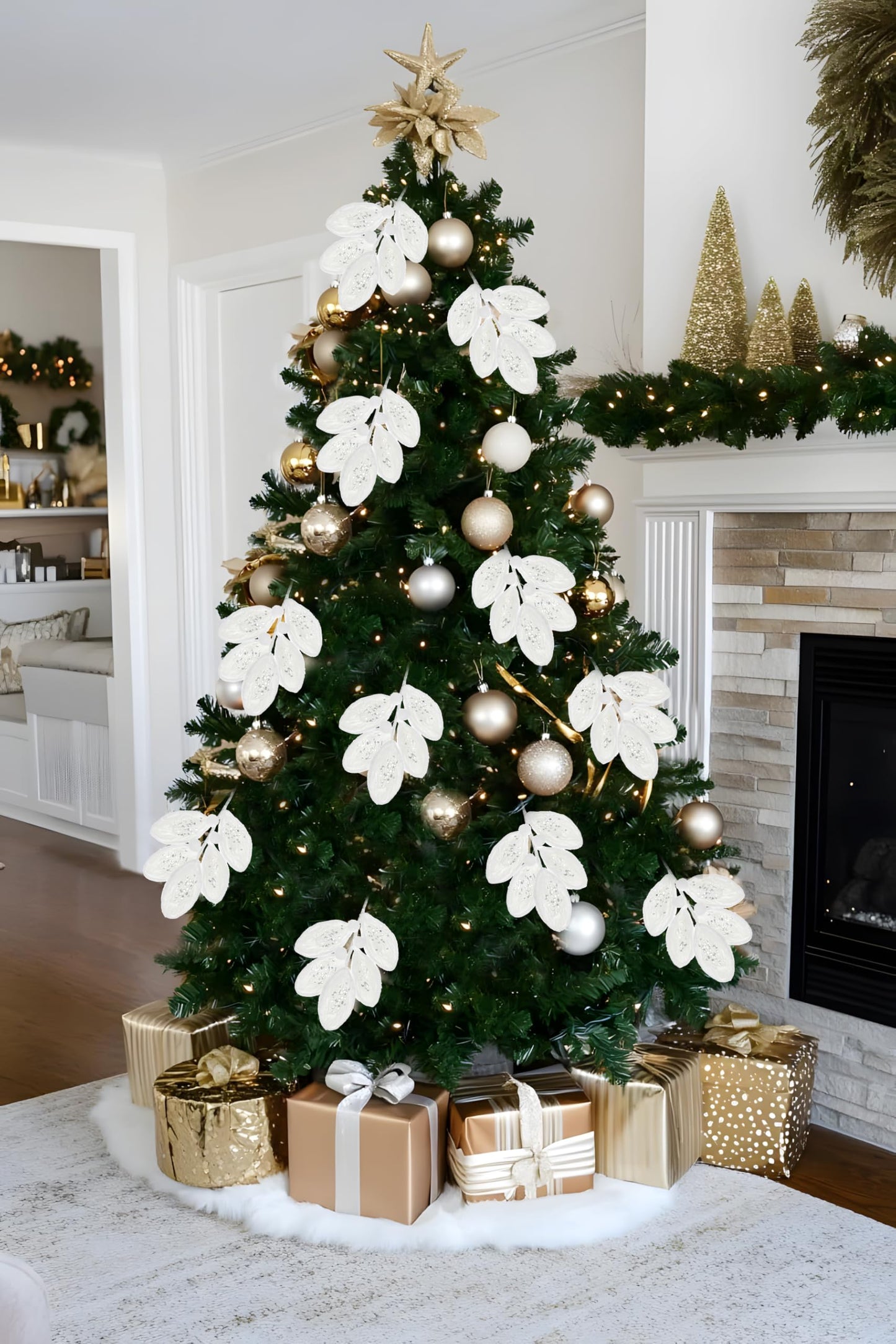 Briful 3PCS White Fur Christmas Picks and Sprays - 21.2" Plush Christmas Leaves Stems with Glitter Sequins for Xmas Tree Wreath Garland Holiday Floral Decor