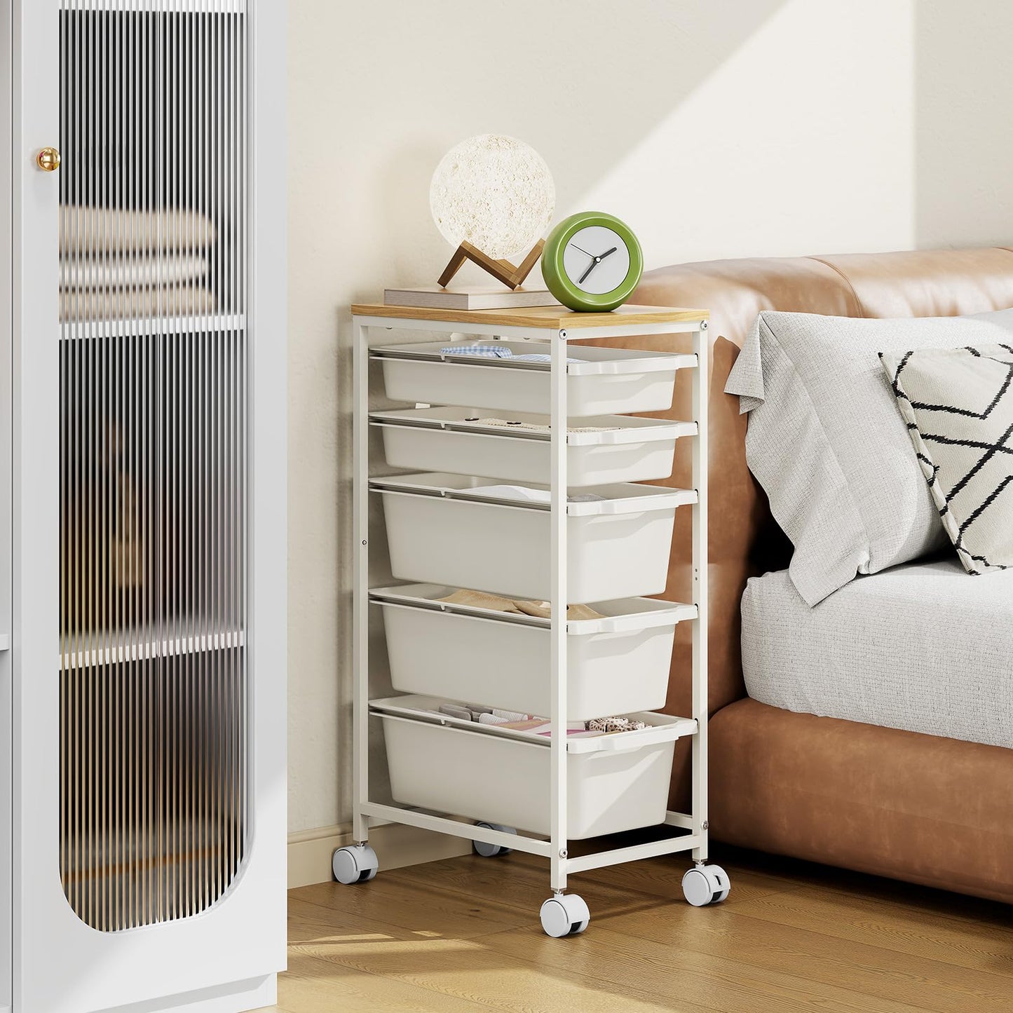 Rolling Storage Cart with 5 Drawers, Craft Organizer, Wooden Tabletop Utility Cart for Bedroom, Children's Room and Office Organization, Table Side Trolley with Lockable Wheels, White