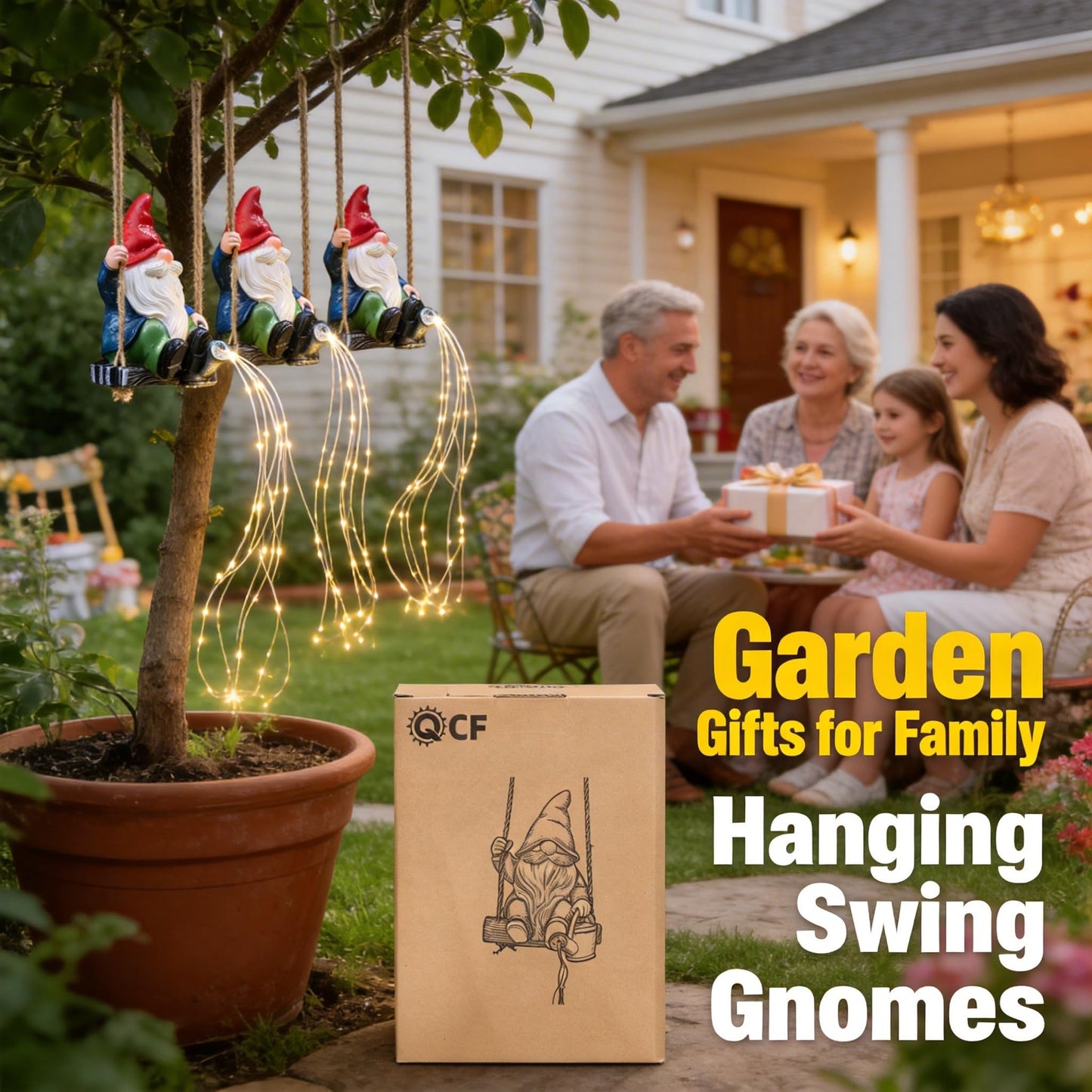 QCF Hanging Garden Gnomes Statues Solar Watering Can Fairy Lights, 6.7''H Swings Gnome Cascading LED Decor for Yard Balcony Backyard Tree Outside, Housewarming Birthday Gifts for Woman Mom Grandma