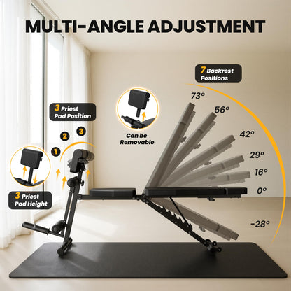 Steelite Adjustable Weight Bench for Home Gym, Foldable Workout Bench with Leg Extension and Leg Curl, 770 LBS Multi-Function Preacher Curl Weight Bench for Full Body Training Fitness, Incline Decline Flat Sit Up Bench Home Gym Equipment with Wheels for B