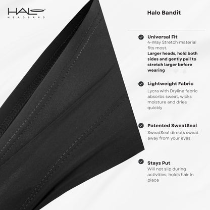 Halo Headband Bandit - Wide Pullover Sweatband for Both Men and Women, Black