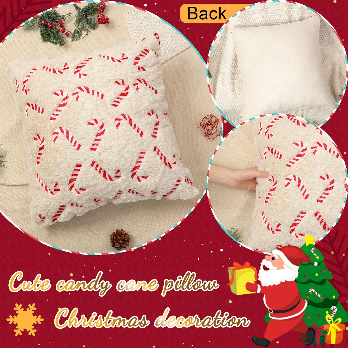 Tranqun 4 Pcs Christmas Candy Cane Throw Pillow Covers 20x20 Inch Xmas Red Candy Embroidery Pillowcases Fluffy Christmas Cane Decorative Cover for Winter Holiday Farmhouse Living Room Sofa Car Decor