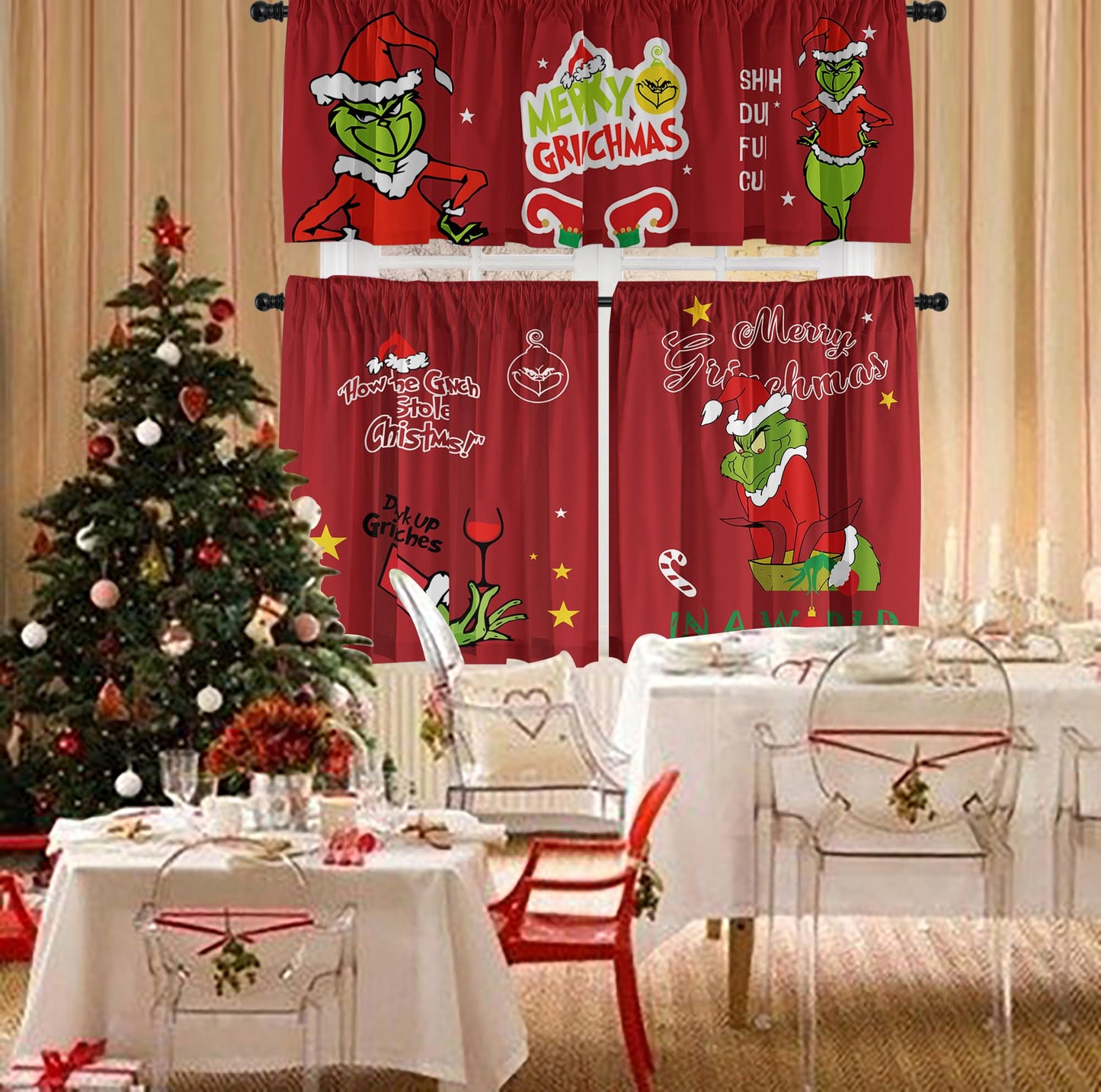 Cuteiush Christmas Kitchen Curtain Valances Winter Holiday Festive Small Window Decoration, Red and Green Farmhouse Xmas Design, 52x18inchx1, 26x36inchx2, 3 Panel, Rod Pocket