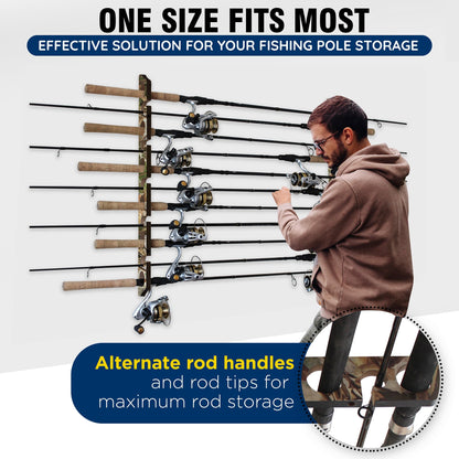 Rush Creek Creations 11 Rod Fishing Pole Holder - Wall Mount Vertical Rack for Garage Organization, Engineered Wood Camouflage Fishing Rod Storage Organizer 27" L x 2.75" W x .65" H