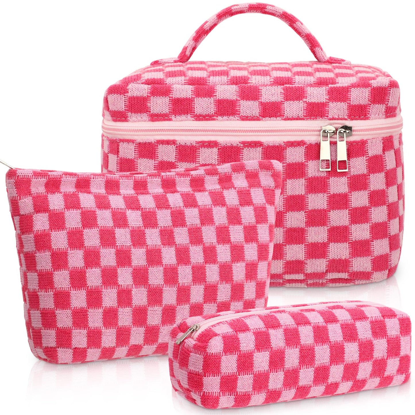 Gilprop 3 Pcs Knit Checkered Makeup Bags Zipper Cosmetic Bag for Purse Large Travel Toiletry Bag Organizer Portable Accessory Pouch Brush Bags Pencil Case for Women (Hot Pink)