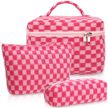 Gilprop 3 Pcs Knit Checkered Makeup Bags Zipper Cosmetic Bag for Purse Large Travel Toiletry Bag Organizer Portable Accessory Pouch Brush Bags Pencil Case for Women (Hot Pink)