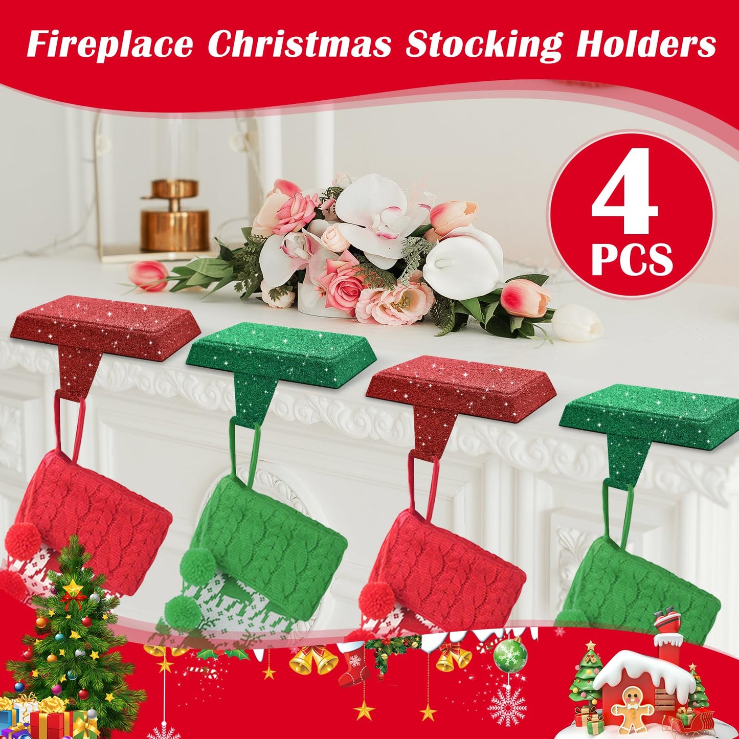GoClimber Christmas Stocking Holders for Mantle Set of 4, Weighted Stocking Holder Fireplace Stocking Hangers for Xmas Holiday Party Decoration