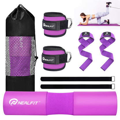 NEALFIT Barbell Pad Set with Lifting Straps & Ankle Straps - Squat Pad for Hip Thrusts, Lunges, Weightlifting - Heavy Duty Strength Training Equipment for Powerlifting, Home Gym (Purple)