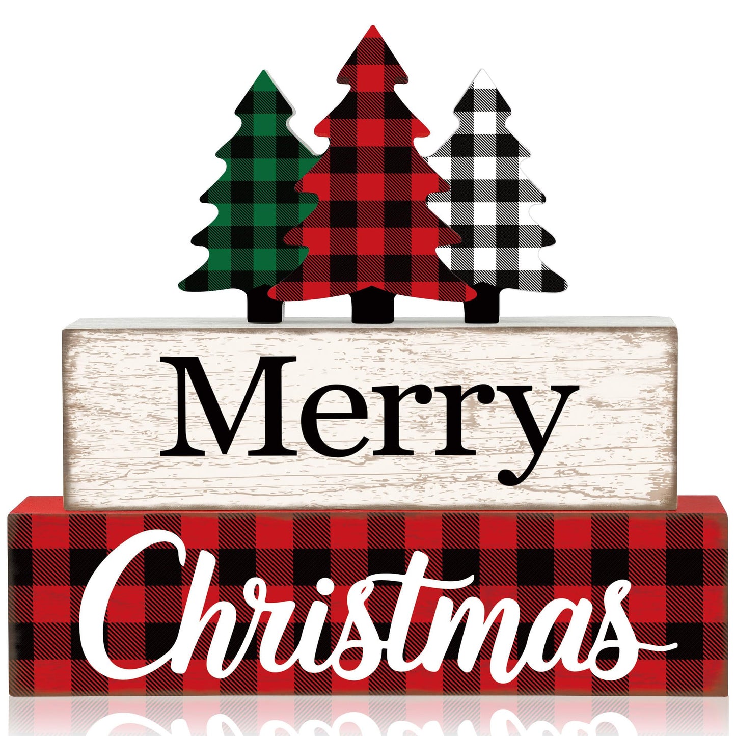 3 Pcs Merry Christmas Table Wooden Decor Christmas Tree Wood Block Sign Xmas Buffalo Plaid Tabletop Centerpiece Xmas Rustic Tiered Tray Decor for Winter Farmhouse Home Kitchen Office Shelf Decoration