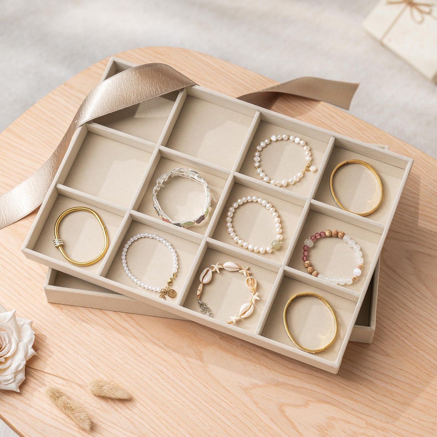 pickpiff Drawer Jewelry Organizer & Display Trays: 2pcs 12grid Velvet Stackable Jewelry Case (13.8x9.4x1.2inch) - Soft Beige Necklace Holder Bracelet Display Watch Box