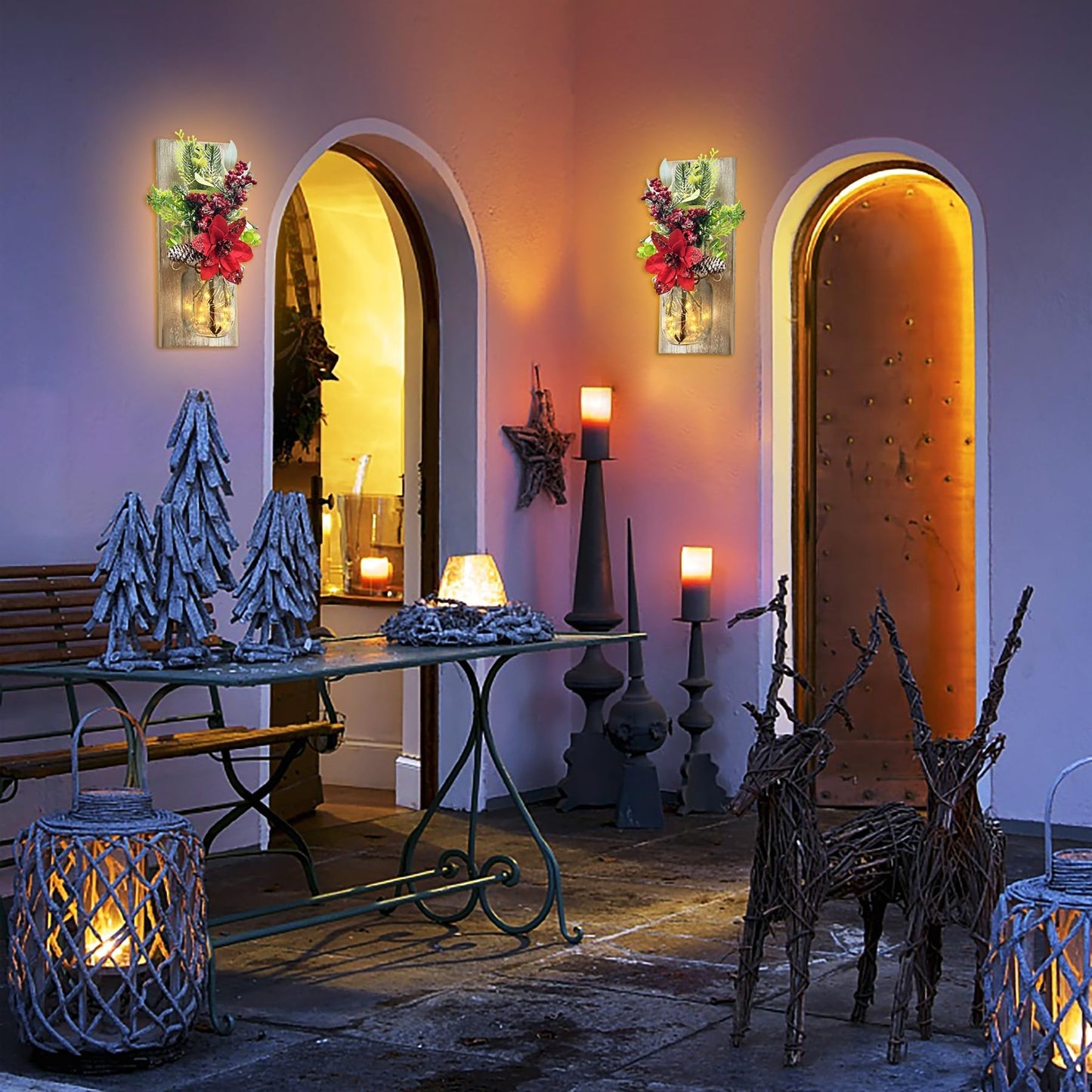 Mason Jars Sconce Decor Rustic Wall Sconces Handmade Wall Art Hanging Design with Remote Control LED Fairy Lights and Red Berry, Xmas Farmhouse Wall Home Decor Living Room Lights Set of Two