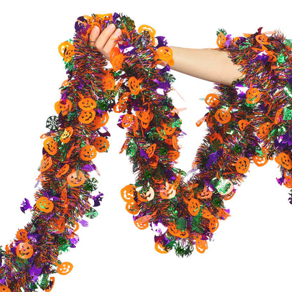 50 Ft Halloween Tinsel Garlands,Funny Pumpkin Bats Spider and Web Shiny Metallic Twist Foil Tinsel Garland Hanging Holiday Decorations for Home Indoor Outdoor Festivities Party Decor