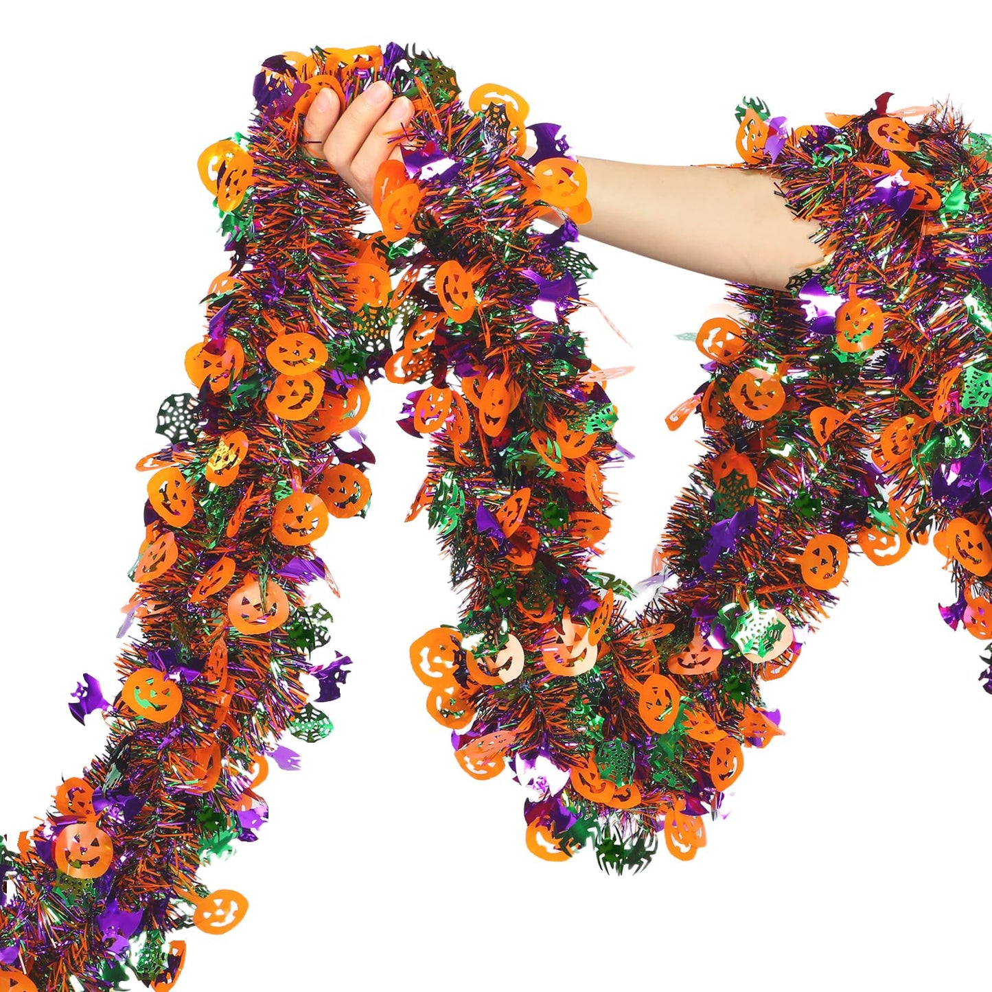 50 Ft Halloween Tinsel Garlands,Funny Pumpkin Bats Spider and Web Shiny Metallic Twist Foil Tinsel Garland Hanging Holiday Decorations for Home Indoor Outdoor Festivities Party Decor