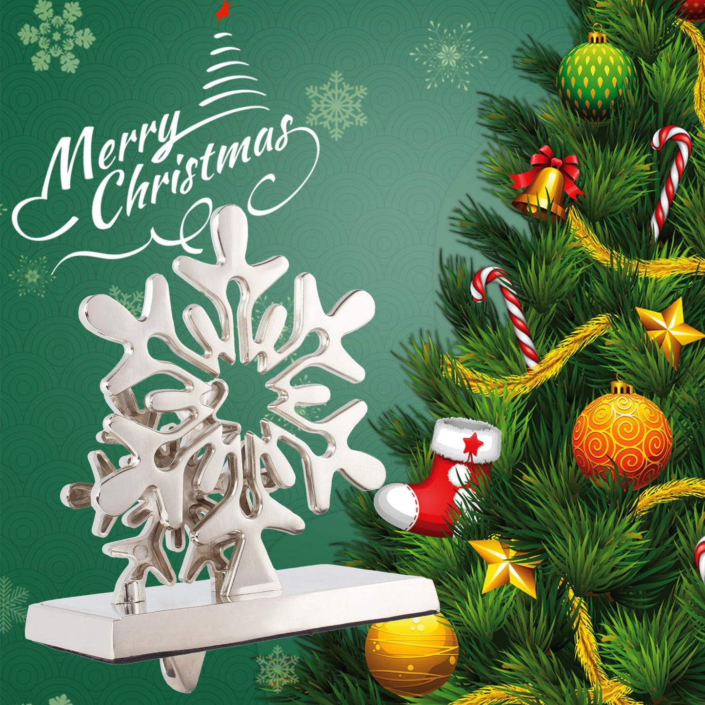 Christmas Stocking Holders for Mantel Set of 4, Stocking Hangers Reindeer Snowman Christmas Tree Snowflake Metal for Fireplace Mantel Holiday Christmas Decorations Stocking Hanger Hook - Silver