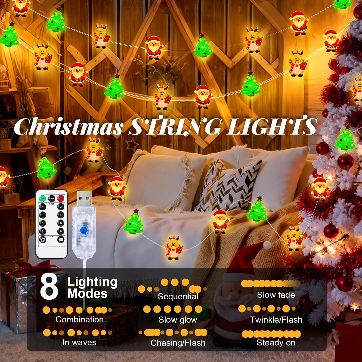 Yooumoga Christmas String Lights - 16FT 50 LED Santa Claus/Deer/Tree Fairy Lights, Battery/USB Powered with Remote & 8 Lighting Modes for Indoor Outdoor Xmas Tree Party Decor (1 Pack-USB)