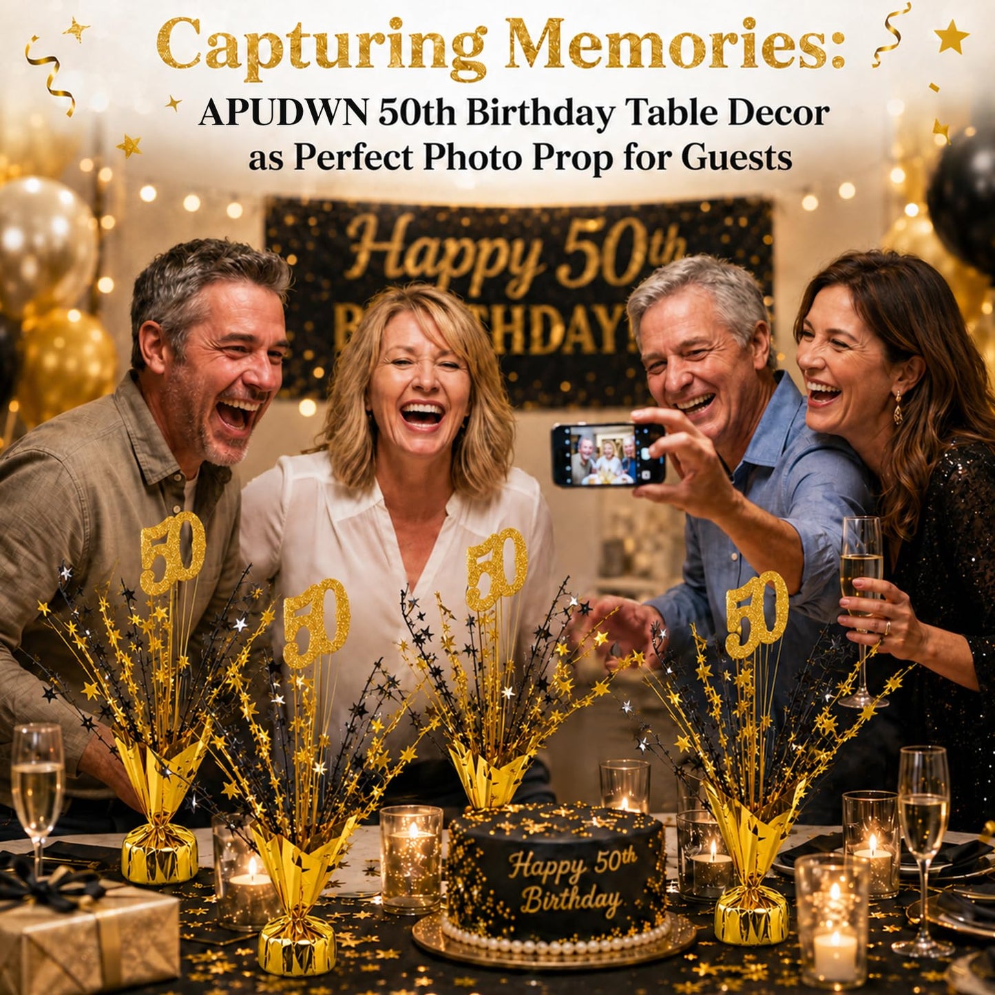 APUDWN 6 Pcs 50th Black and Gold Birthday Table Decorations Metallic Foil Spray Table Centerpiece Black Gold Number Star Burst Centerpiece for Birthday Wedding Anniversary Reunion Party Decor