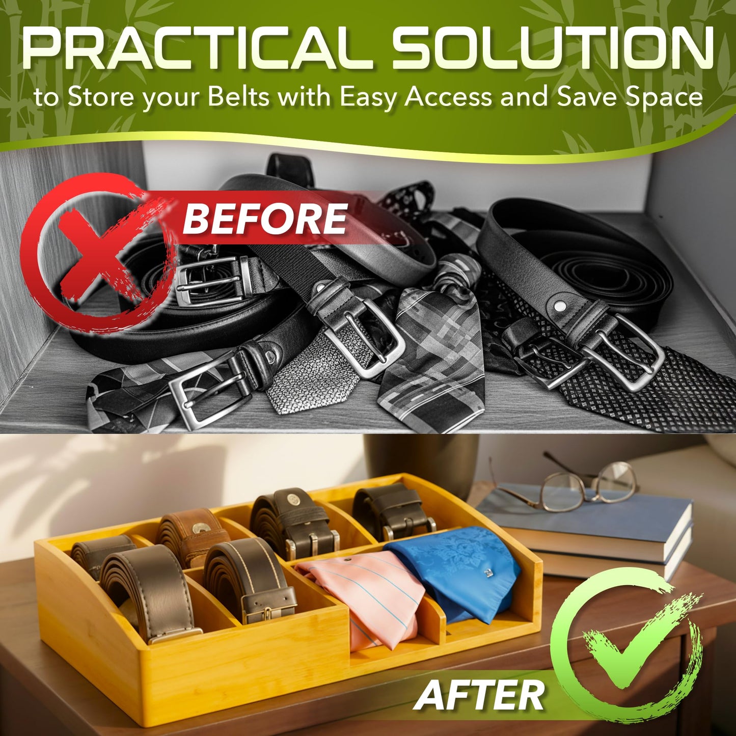 Belt Organizer for Closet and Drawer – 8 Compartments Bamboo Storage Box for Belts and Ties – Eco-Friendly Natural Bamboo