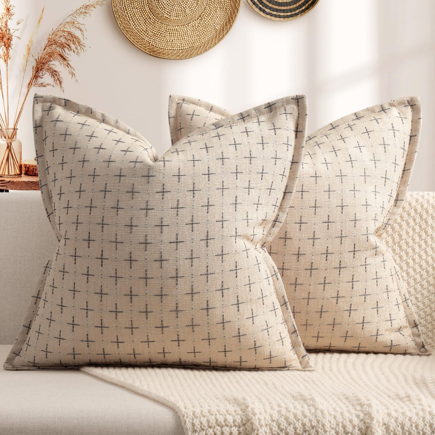 ZWJD Pillow Covers 24x24 Set of 2 Soft Polyester Textured Pillow Covers with Stylish Flange Edge Cozy Farmhouse Throw Pillows for Couch Bed Sofa Living Room