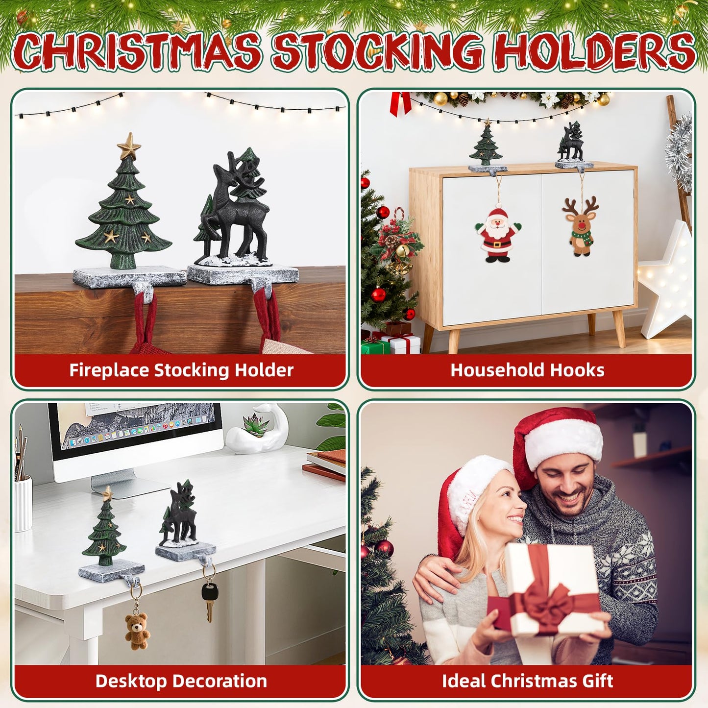 G GOOD GAIN Christmas Stocking Holders for Mantle - Set of 2 Heavy Duty Cast Iron Stocking Hangers with Non-Slip Base | Exquisite 3D Xmas Tree, Deer Mantel Hook for Fireplace Decoration Holiday Gifts