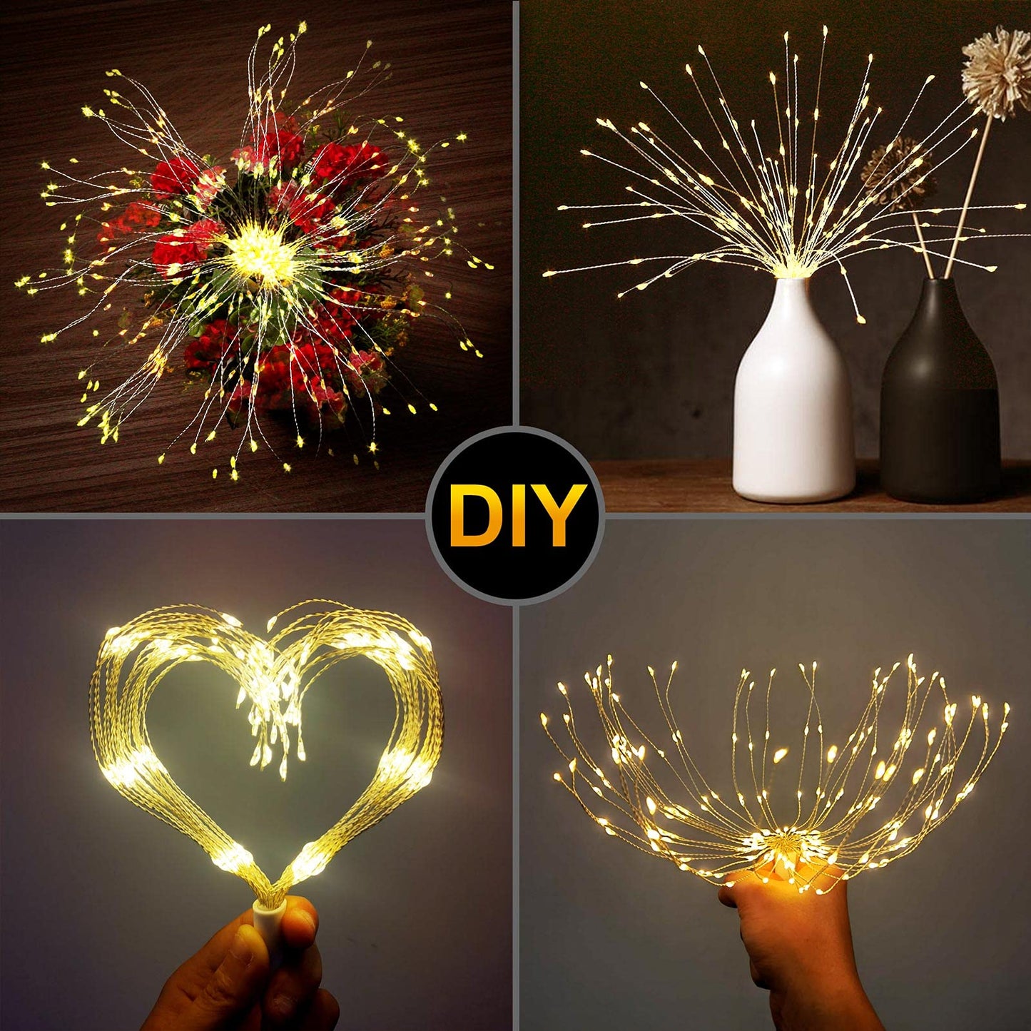 DenicMic Firework Starburst Lights 3200K Warm White 8 Mode LED Battery Operated Chandelier Star Lights with Remote, Hanging Decorations Indoor Outdoor