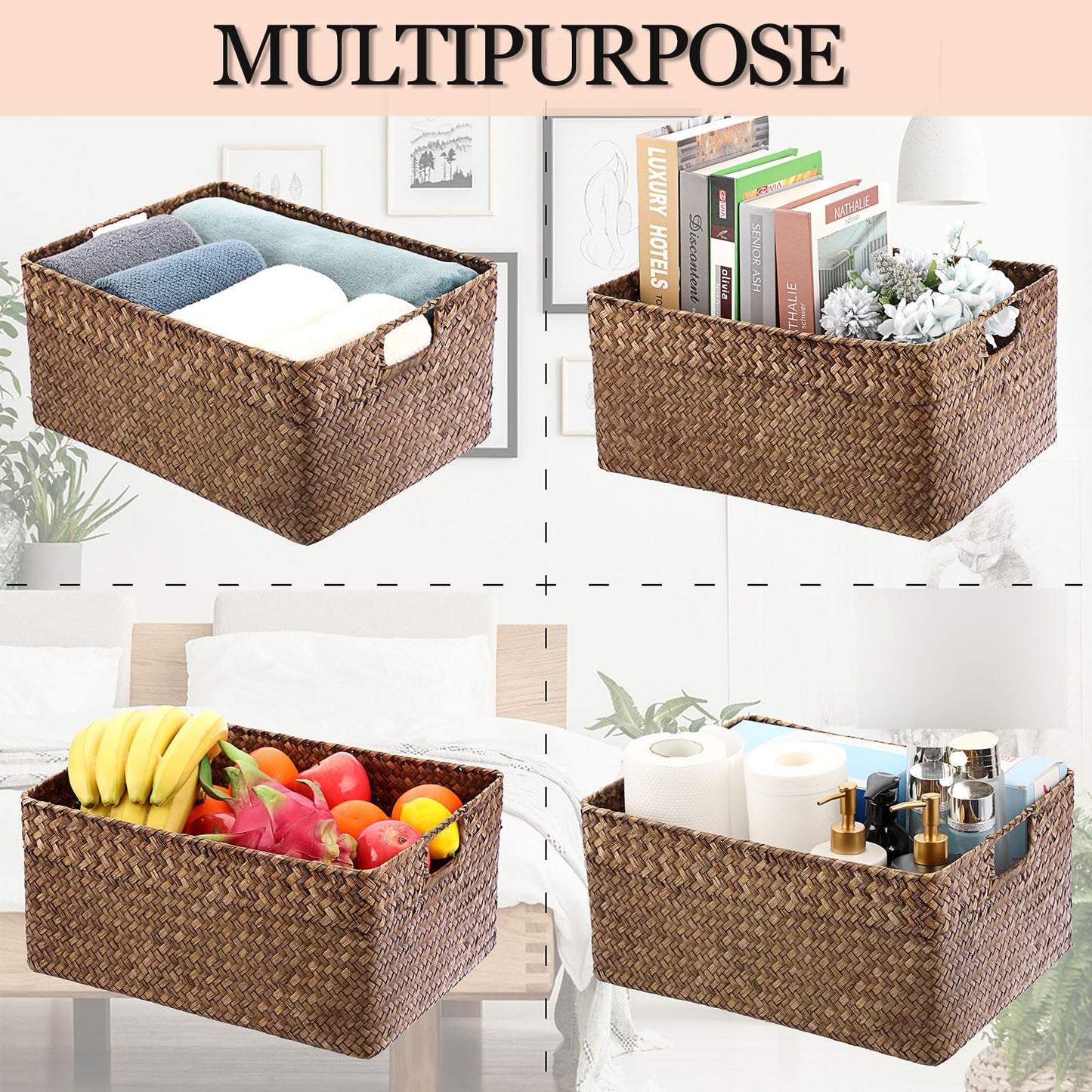 Hipiwe Seagrass Storage Baskets Bin for Shelf Handwoven Wicker Baskets Built-in Handles Rectangular Closet Bedroom Organizer Box Multipurpose Storage Basket Organizer,16.1"L x11.8"W x7.7"H