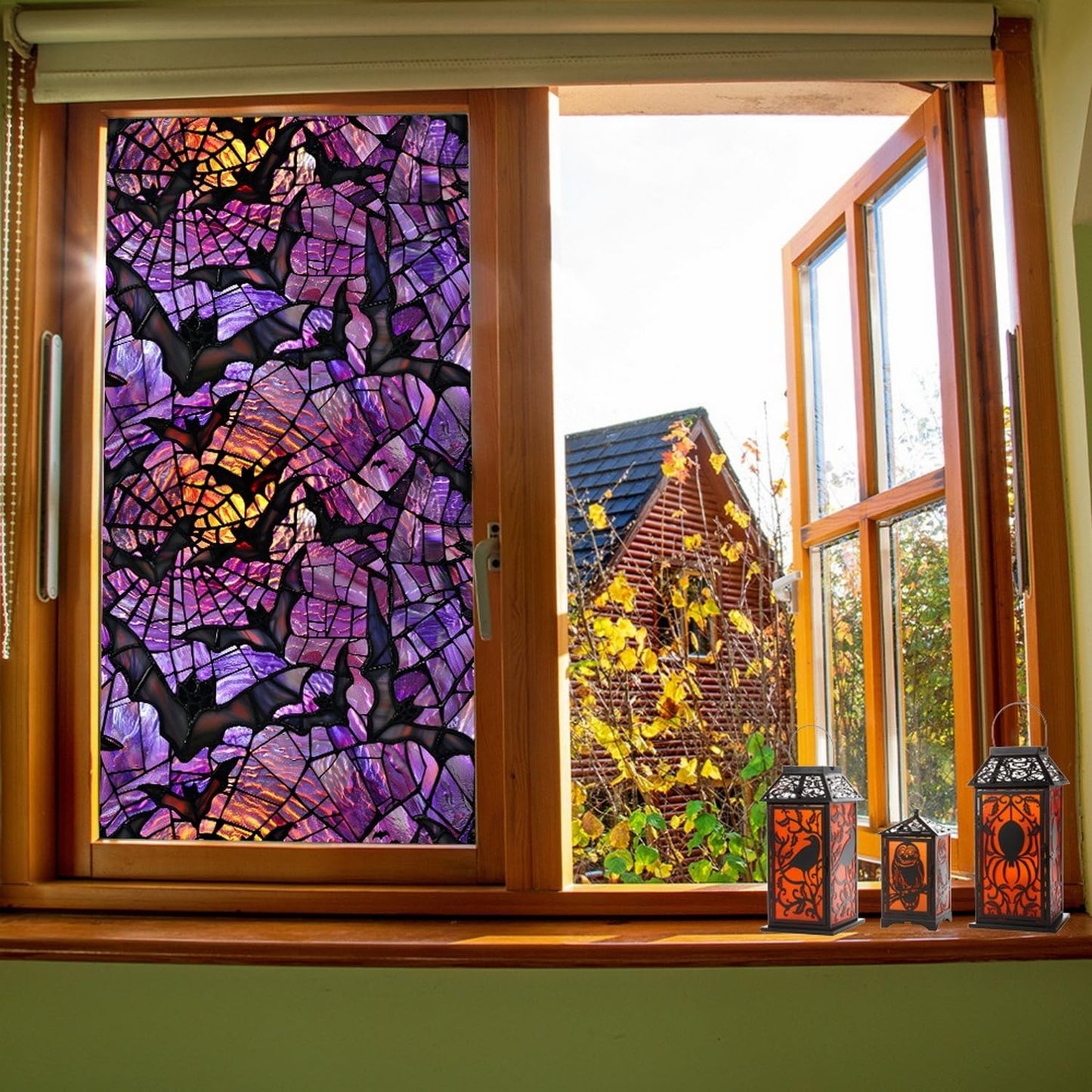 Halloween Window Stickers Privacy Film Static Window Sticker Decal Halloween Bat Window Decals Film Purple Stained Glass Clings Windows Art for Home School Office Glass Decoration