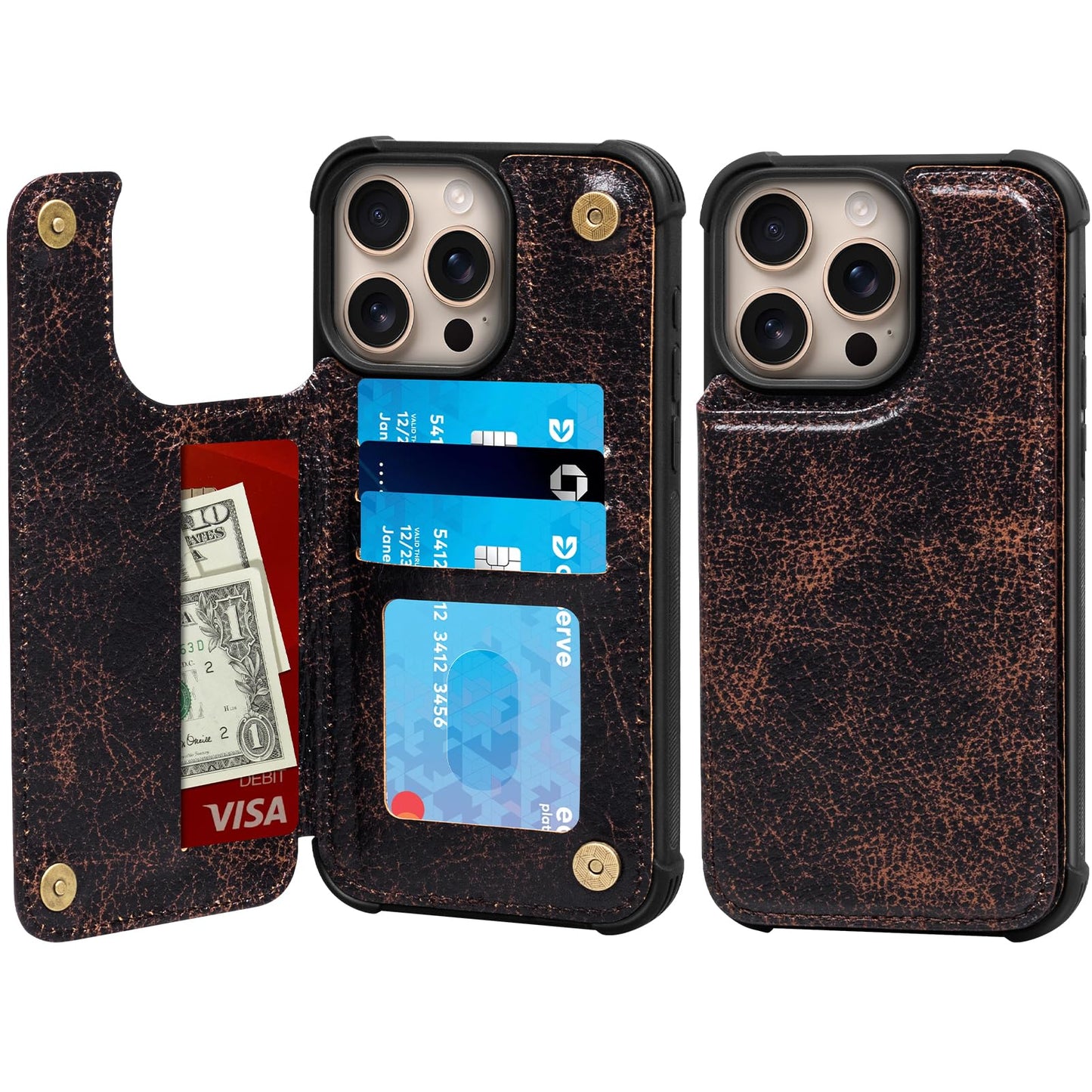 RMAWRAD Wallet Real Leather Case Compatible with iPhone 15 Pro Max 6.7",Genuine Leather，Shockproof, Anti-Fall Case, Flip Cover, with Card Slot, Double Magnetic Buckle, Kickstand, Coffee