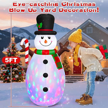 Danxilu 5 FT Christmas Inflatables Snowman with Colorful Rotating Led Lights Outdoor Yard Decorations, Blow Up Cute Snowman Xmas Frosty Winter Decor Clearance for Indoor Lawn Garden Holiday Party