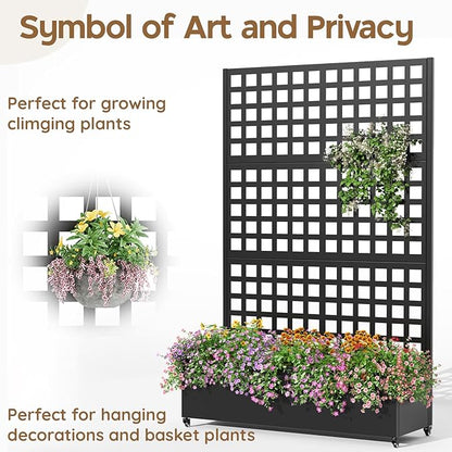 Metal Raised Garden Bed with Trellis & Wheels,72" x 47"x 15.7" Planter Box with Trellis,Privacy Planters for Patio,Garden Bed for Climbing Plants,Suitable for Climbing Plants and Vegetables,Black