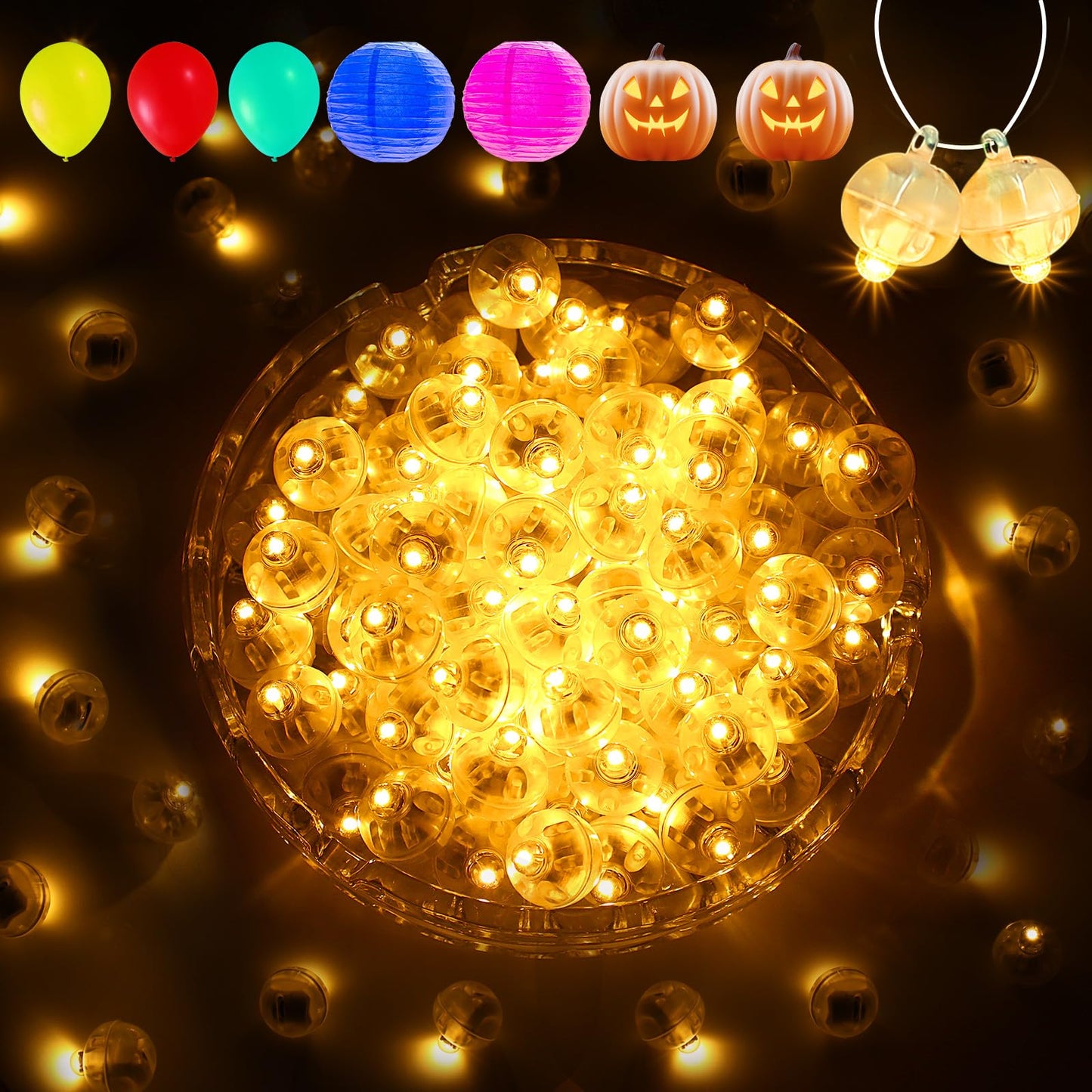 Aogist 100Pcs Yellow Balloon Lights with Hook,Long Standby Time,Waterproof Mini Light for Birthday Party Wedding Christmas Halloween Easter Decorative (Flash)