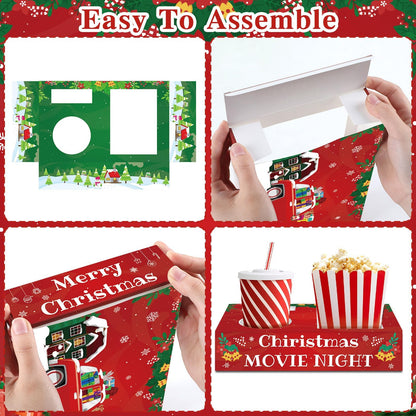 QOUBAI 32Pcs Christmas Party Supplies Movie Night Paper Snacks Boxes Xmas Santa Snowman Cinema Movie Theater Snack Tray Party Decorations Popcorn Drink Holder Set for Holiday Birthday Holiday