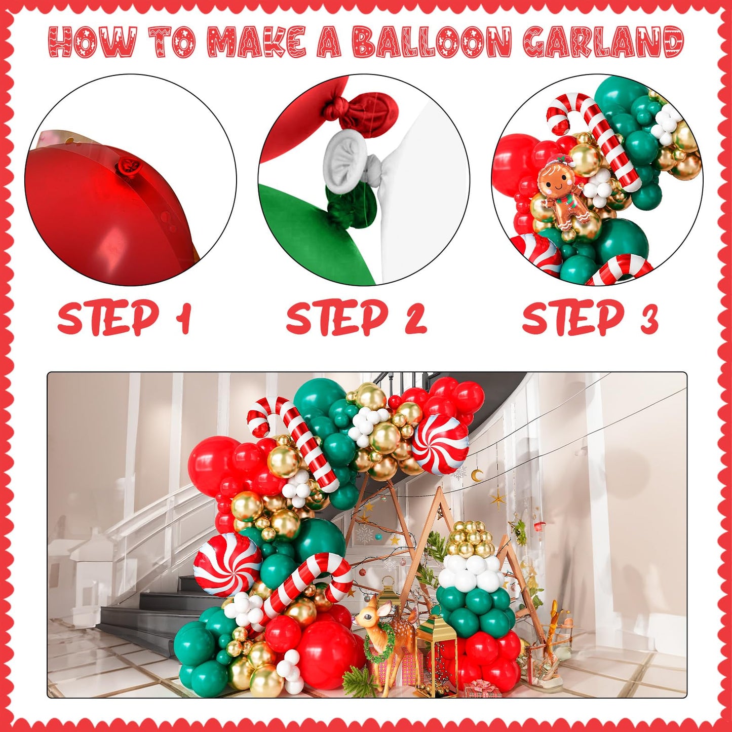 Christmas Balloon Garland kit with Gingerbread Man Foil Balloons, 111 Pieces Red Dark Green Metallic Gold Xmas Balloon Arch with Red White Candy Cane Balloons for Indoor Christmas Party Decorations