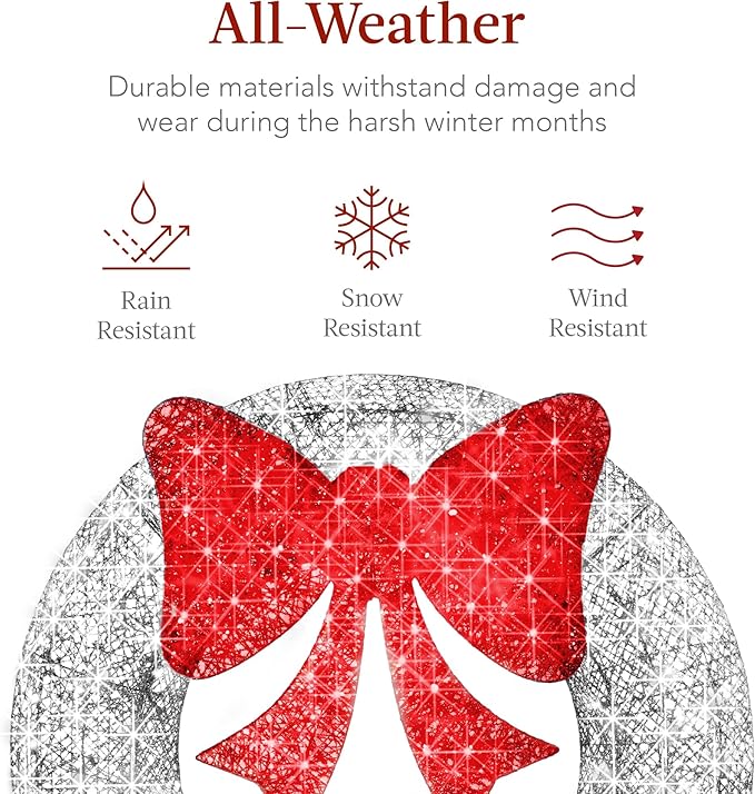 Best Choice Products 30in Pre-Lit Outdoor Christmas Wreath Decoration, LED Metal Holiday Decor for Home w/ 100 Lights, Bow - Silver/Red