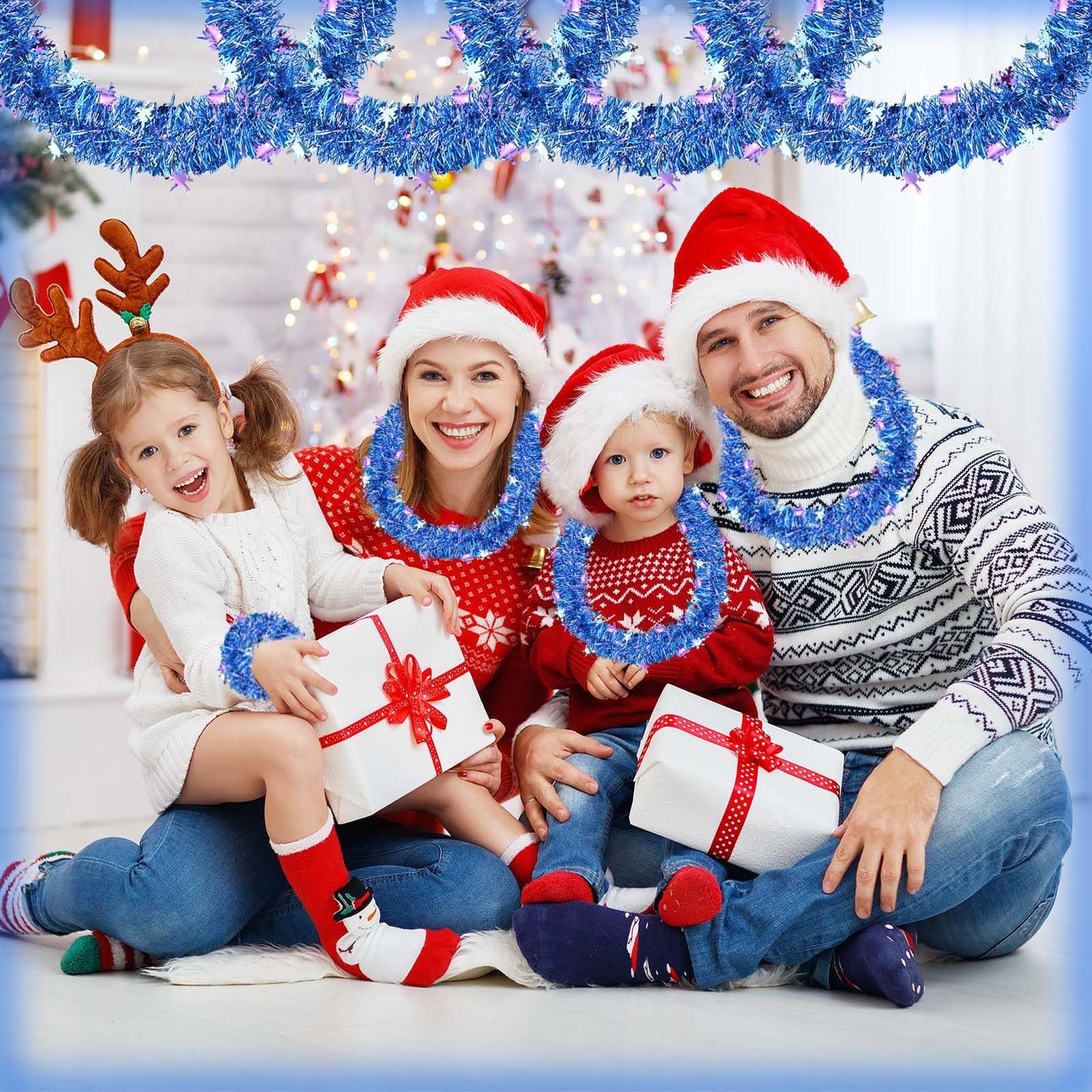 64.6 Feet Blue Purple Snowflakes Tinsel Garland Christmas Glitter Metallic Iridescent Twist Hanging Garland for Xmas Snow Winter Indoor Outdoor Ceiling Wall Tree Birthday Party Decoration