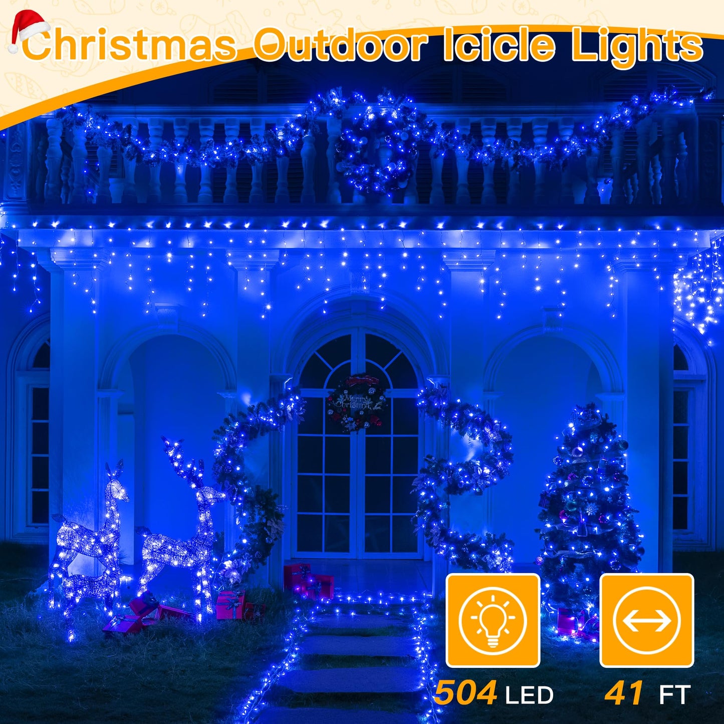 Ollny Icicle Lights for Outside 504LED 41FT, Blue Christmas Light with Remote 8Modes Timers Waterproof, Plug in Connectable Hanging Lights for Outdoor Indoor House Roof Holiday