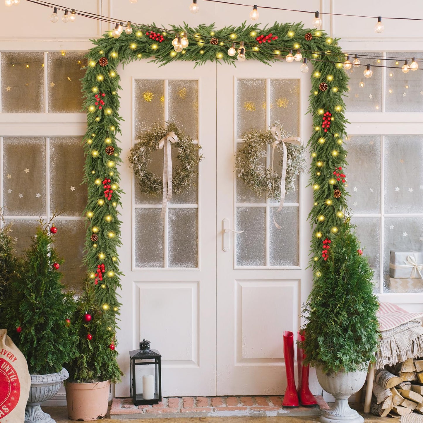2 PCS 6FT Artificial Norfolk Pine Garlands - Real Touch Winter Pine Garland, Green Artificial Greenery Garland for Mantle, Table, Wall, Indoor & Outdoor Fireplace Christmas Decorations