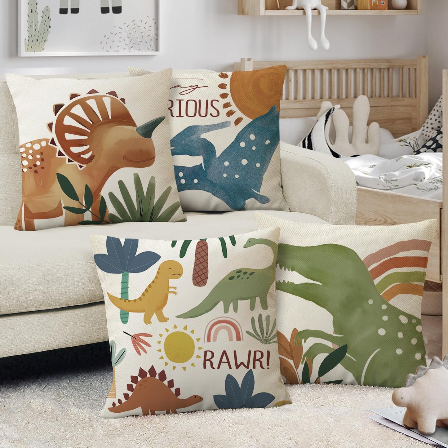 Fahrendom Boho Dinosaur Rawr Decorative Throw Pillow Covers 18 x 18 Set of 4, Bohemian Dino Stay Curious Porch Patio Outdoor Pillowcase, Sun Rainbow Plant Sofa Couch Cushion Case Home Decor