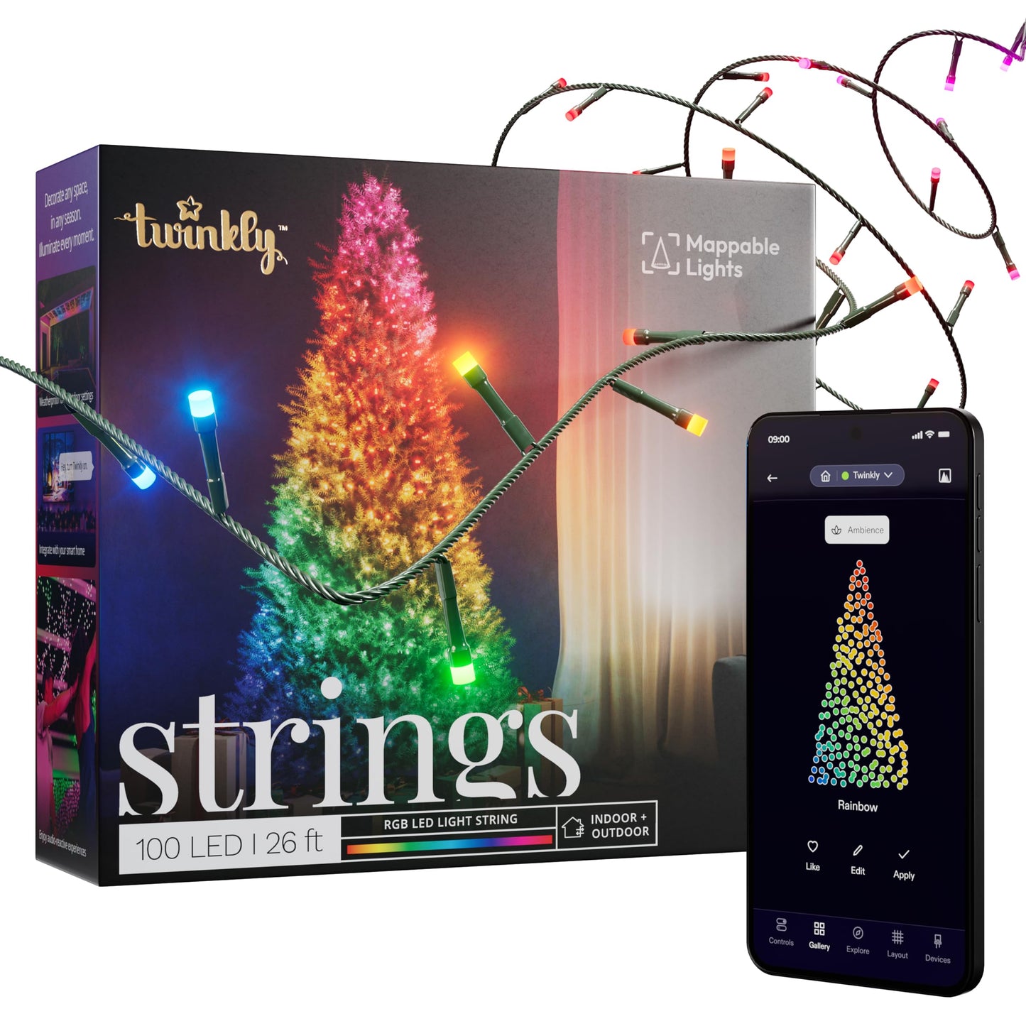 Twinkly Strings 100 LED RGB, LED Light String for in- and Outdoor, Smart LED Lights, Mappable LEDs, Compatible with Alexa and Google Home, IP44, Controlled by App, Green Wire, 8m