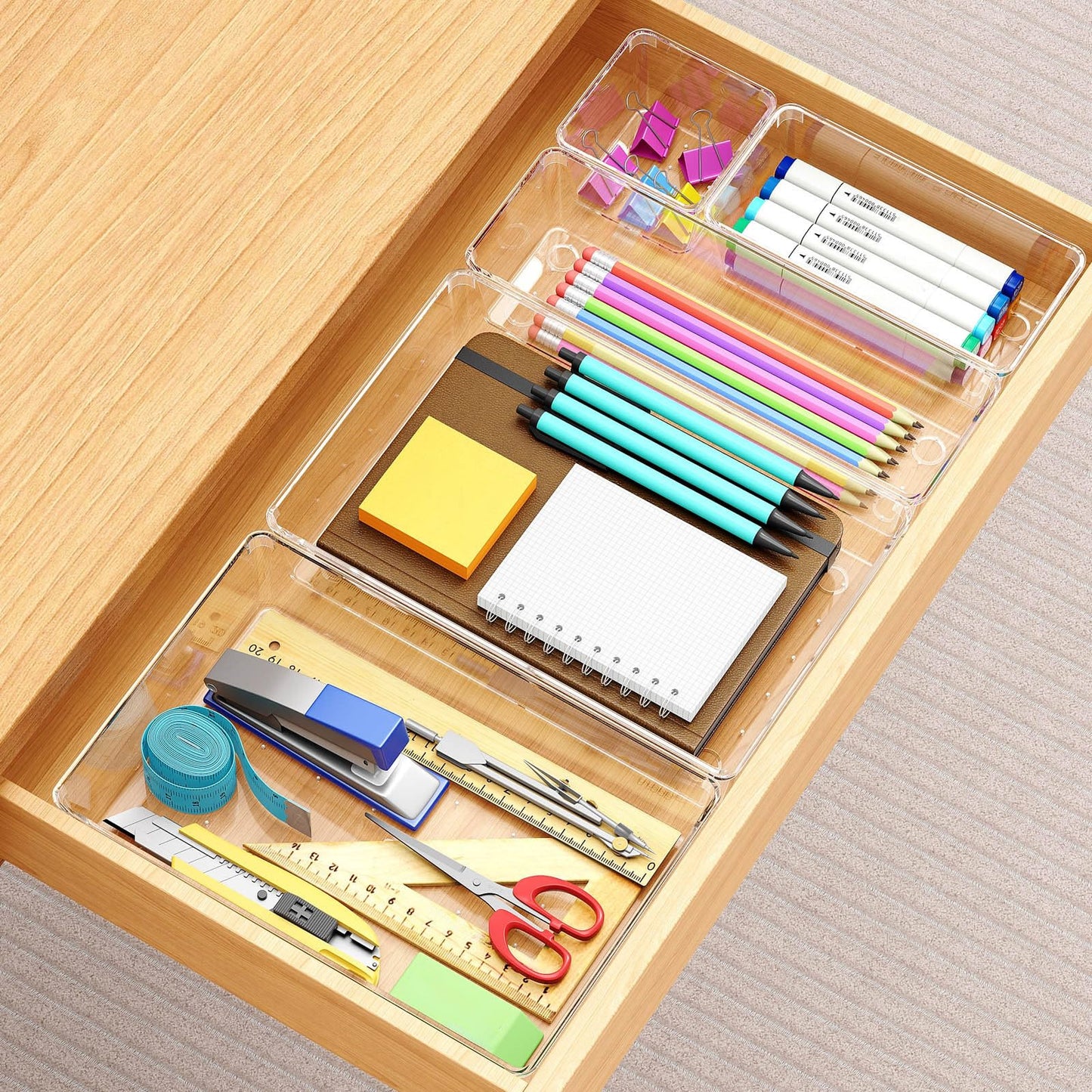 Manalete Drawer Organizers Set of 12, 4 Sizes Clear Plastic Drawer Organizers and Storage Bins for Kitchen, Bathroom, Office, Dresser Desk Drawer Organizer Tray for Jewelry, Makeup, Junk, Gadgets