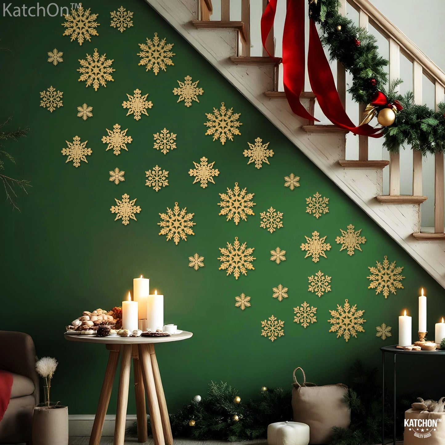 KatchOn, Gold Snowflake Ornaments for Christmas Tree - Large, Pack of 36 | Glitter Snowflake Ornaments | Gold Christmas Tree Decorations | Snowflake Christmas Ornaments, Christmas Hanging Decorations