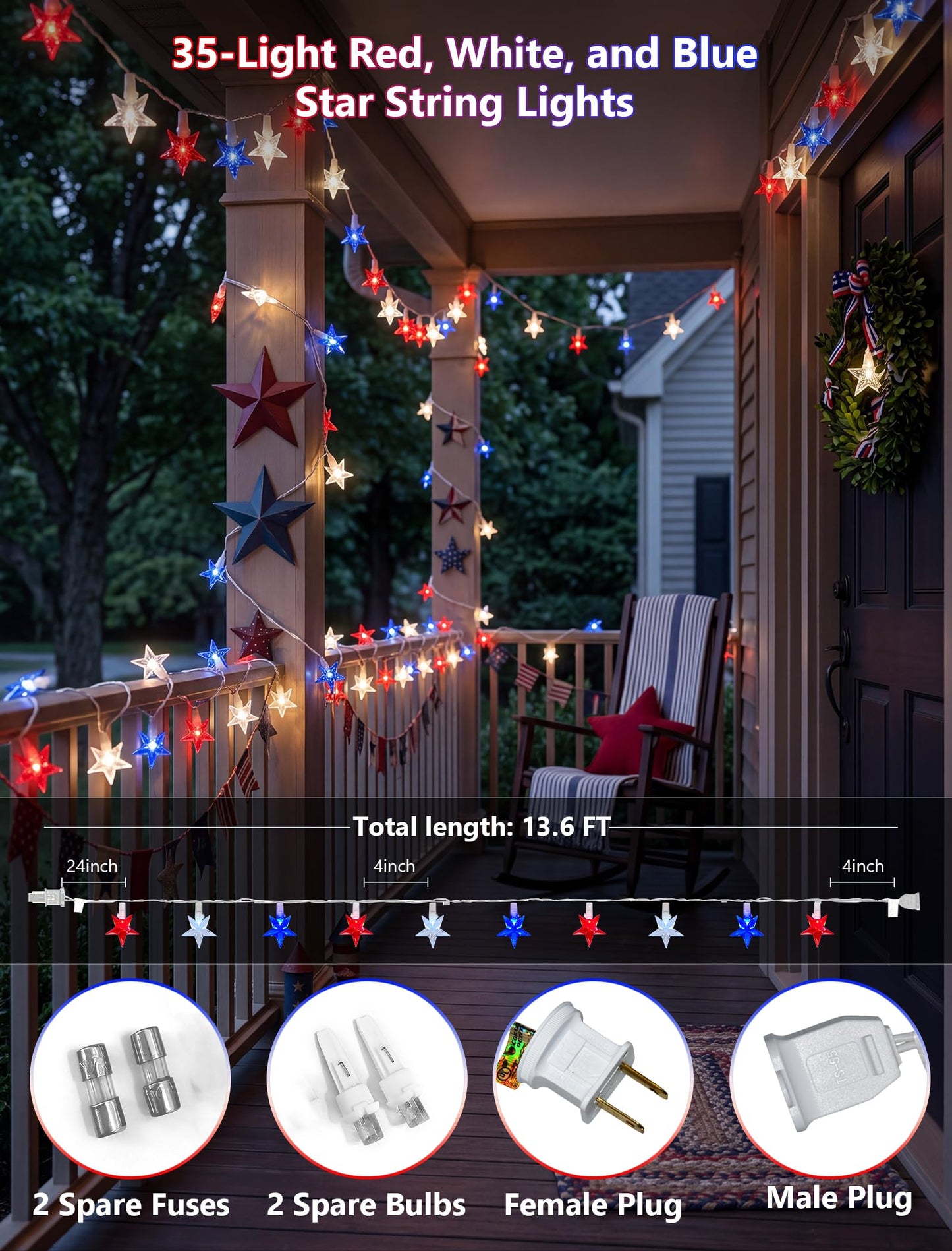 13.6Ft Red White and Blue Star String Lights, 35 LED Patriotic Lights for Flag Day 4th of July Decorations, Waterproof Plug in Fairy Lights for Indoor Outdoor Fence Backyard Patio Independence Day