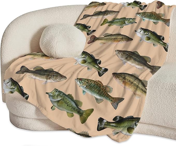 Fish Bass Blanket Decor Gifts for Fishing Lovers Flannel Fleece Fuzzy Throw Blanket Soft Warm Cozy Plush Ocean Animal Blanket for Bed Couch Living Room Stuffed Decoration for Kids Adult Man 60"x50"