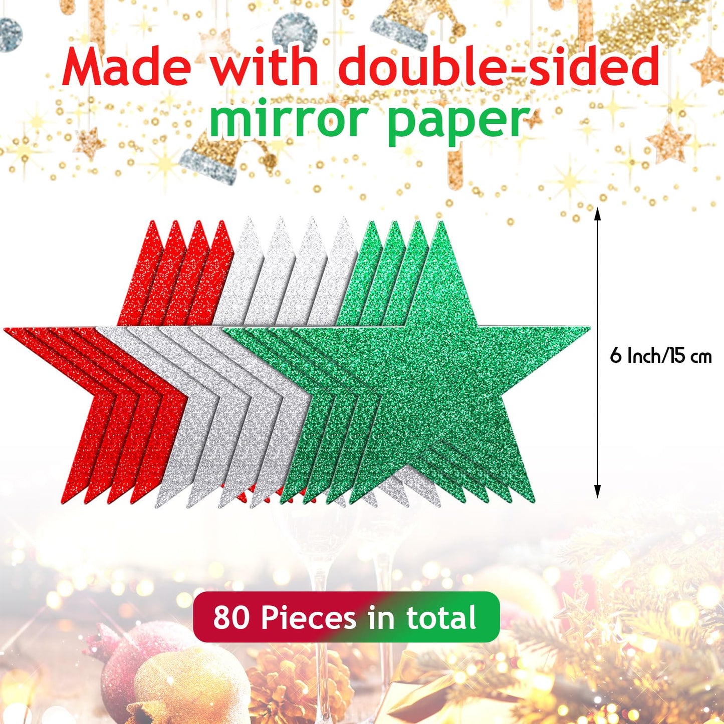 Gejoy 80 Pieces Glitter Star Cutouts Paper Star Confetti Cutouts for Bulletin Board Classroom Wall Party Decoration Supply (Red, Silver, Green,6 Inches Length)