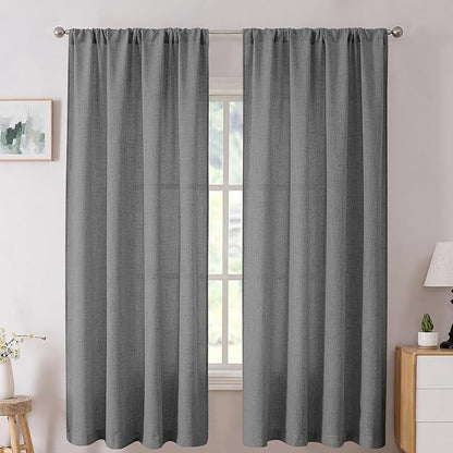 Tollpiz Linen Curtains Living Room Rod Pocket Semi Sheer Curtain Burlap Light Filtering Thick Linen Drapes for Bedroom, 38 x 63 inches Long, Dark Grey, Set of 2 Panels