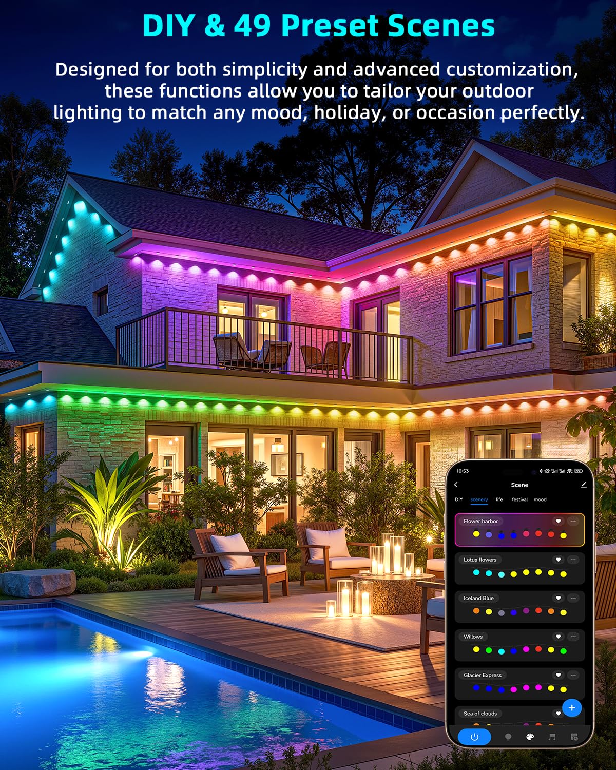 REYLAX Permanent Outdoor Lights Pro, 100ft with 72 Triple-LED 135lm, RGB+IC Smart Eaves Christmas Lights for House, IP67 Waterproof, Multi Scenes for Outdoor Decor, Works with Alexa, Google, Remote